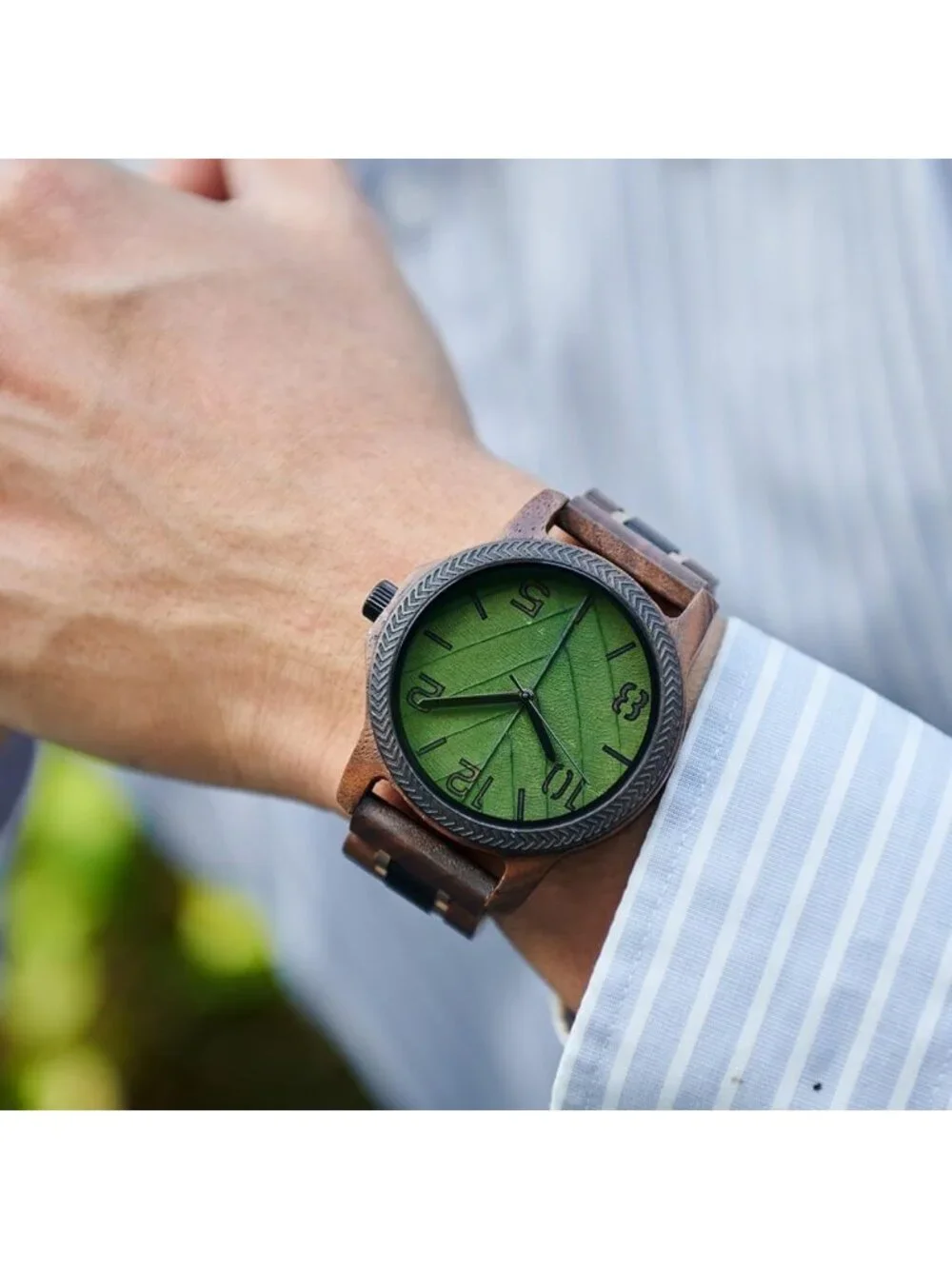 Natural Wooden Men's Watch - Minimalist Japanese Quartz, Unique Leaf Vein Dial